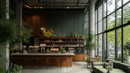 Wall Mural - Serene Cafe Interior: A modern cafe interior design features a long wooden bar, abundant greenery, and large windows offering abundant natural light, creating a tranquil and inviting atmosphere. 