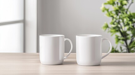 Two blank mugs on wooden table, bright room