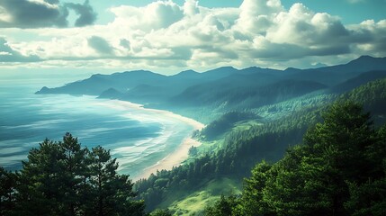 Canvas Print - Scenic coastal landscape with lush green forest, sandy beach, and ocean under a cloudy sky.