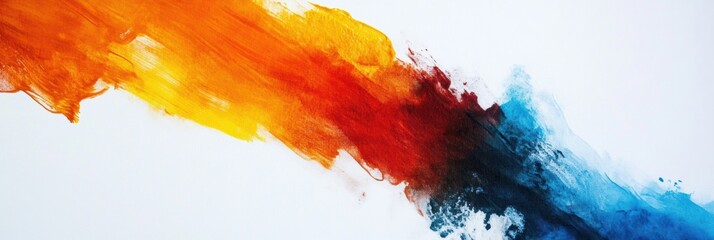 Poster - Vibrant abstract painting showcasing dynamic color flow with hues of orange, red, and blue on a white canvas. Generative AI