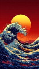 Wall Mural - giant ocean wave at sunset.