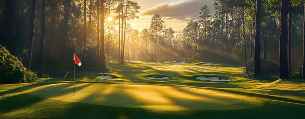 Wall Mural - Sunlit Golf Course Fairway Amidst Tall Trees