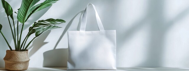 Wall Mural - Elegant white canvas tote bag mock-up, featuring a minimalist logo, perfect for showcasing brand identity and sustainable fashion.