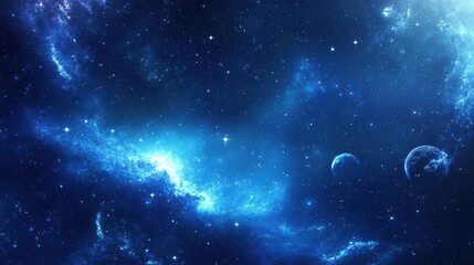 Poster - Stunning view of a distant galaxy with vibrant blue nebulae and two planets shining brightly in the cosmic expanse. Generative AI