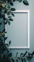 Leinwandbilder - Empty white frame surrounded by lush green leaves against a soft blue background. Generative AI