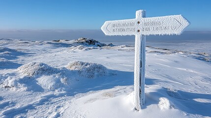 Wall Mural - frosty winter signpost on snowy mountain peak with clear blue sky.