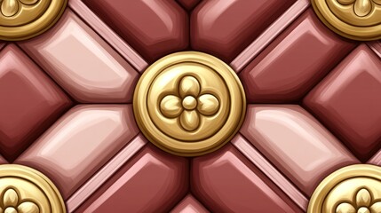 Seamless pattern of glossy pink and gold geometric shapes with embossed floral buttons.