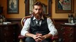 © Imagine  - A confident bearded man in a stylish vest sitting in a luxurious vintage-style office, exuding elegance and authority. A sophisticated gentleman in a classic whiskey lounge setting