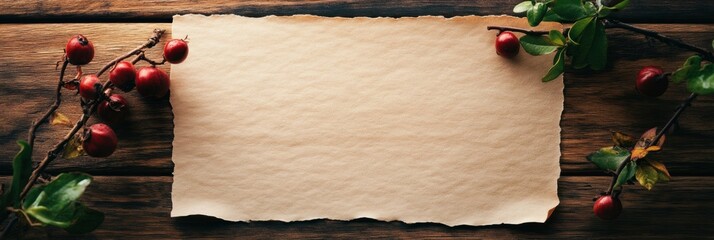 Poster - Rustic blank paper surrounded by red berries and green leaves on wooden table surface in warm lighting. Generative AI