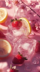 Wall Mural - Strawberries, lemons, ice cubes, and cherry blossoms on a pink background.