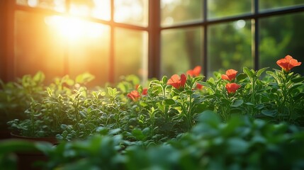 Wall Mural - Sunlight streaming through a window onto vibrant flowers in a greenhouse, creating a serene atmosphere