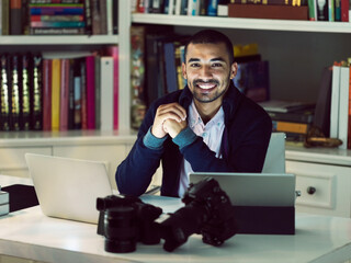 Poster - Photographer, portrait and happy business man in home office for remote work, editing or creative videography. Face, expert and professional freelancer with technology for content creation in Brazil