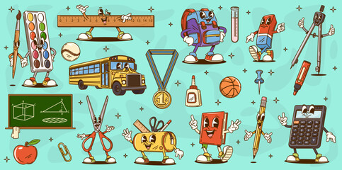Poster - Cartoon groovy school education and stationery characters. Vector set of educational supplies, learning tools and items, such as book, backpack, ruler ball, school bus and medal with blackboard or pen
