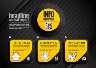 Wall Mural - black yellow 3 step infographic layout for presenting, timelines and workflow, business reports with