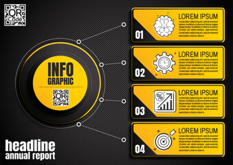 Wall Mural - black yellow 4 step infographic layout for presenting, timelines and workflow, business reports with