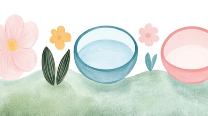 Wall Mural - Watercolor illustration of bowls with flowers and leaves.