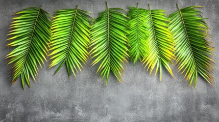 Wall Mural - Five vibrant green palm leaves arranged on a gray textured background, leaving ample copy space below.