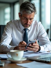 Mature businessman wearing a navy suit and glasses, working on his phone in a bright and modern office, analyzing financial charts and reports for strategic planning

