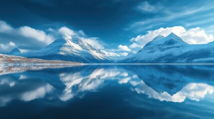 Wall Mural - serene winter landscape with snow-capped mountains reflected in a calm lake under a dramatic sky.