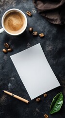 Fototapete - Warm coffee cup sits beside blank paper and coffee beans on dark surface. Generative AI