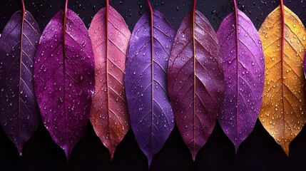 Wall Mural - Vibrant multicolored leaves with water droplets arranged in a row on a dark background.