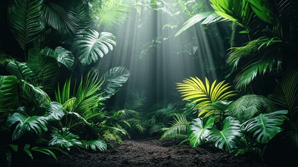 Wall Mural - Sunbeams illuminate lush, green tropical jungle foliage and a dark, earthy path.