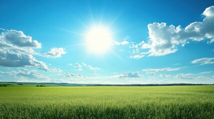 Poster - Bright sunny day over a lush green field with clouds in the blue sky. Generative AI