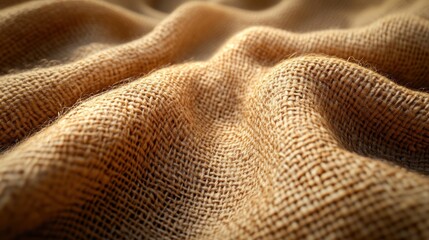 Close-up of textured, undulated burlap fabric with warm lighting.