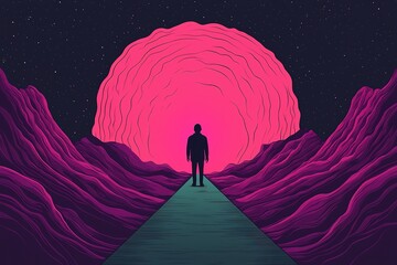 Wall Mural - A surreal landscape features a silhouetted figure walking toward a vibrant pink portal, flanked by wavy mountains under a starry sky.