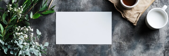Aufkleber - Fresh greenery and coffee on a rustic table with an empty card for notes and invitations in natural setting. Generative AI