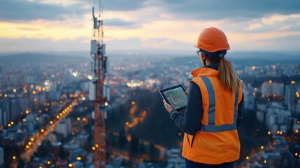 Construction Engineer Using Tablet to Monitor Urban Development with Tower Technology at Sunset Overlooking Cityscape