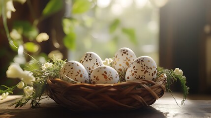 Decorated Easter eggs in a wicker basket, sunlight.