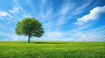 Fototapete - Lush green tree standing alone in an open field under a bright blue sky with scattered clouds. Generative AI