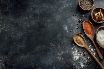 Aufkleber - Various spices arranged on wooden spoons and bowls on a textured dark surface in a kitchen setting. Generative AI