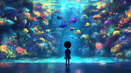 Wall Mural - a child nervously standing in front of a deep swimming pool