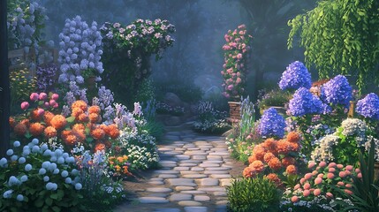 Poster - Sunlit stone path winds through a lush, vibrant garden bursting with colorful flowers and plants.