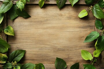 Fototapete - Natural frame of green leaves surrounding blank wooden background welcoming creativity and artistic expression. Generative AI