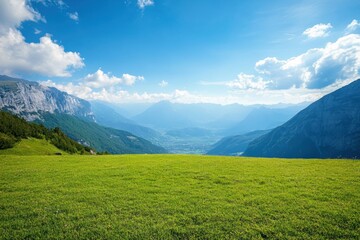 Poster - Stunning view of lush green valley surrounded by majestic mountains on a bright sunny day. Generative AI
