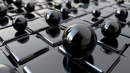 Wall Mural - Sleek Black Spheres on Polished Grid Abstract 3D Render