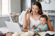 © peopleimages.com - Laptop, baby or mother multitasking with phone call for remote work, freelance client or business in home. Smile, happy writer or mom juggling parenting task for responsibility, talking or daughter
