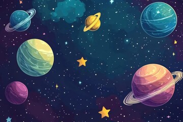 Wall Mural - deep space nebula with cute cartoon planets and twinkling stars