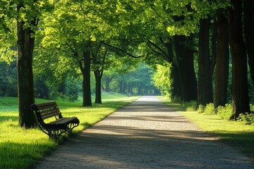Fototapete - Serene path lined with trees and a bench in the park during daylight hours. Generative AI