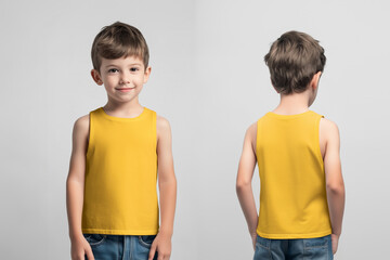 boy wearing a yellow sleeveless t-shirt tank top mockup front and back used as a design template	