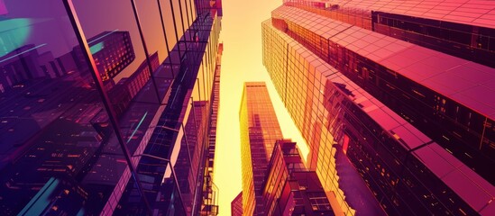 Wall Mural - Low angle view of skyscrapers at sunset.