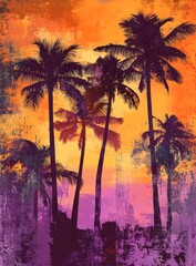 Poster - Silhouette palm trees at sunset, grunge texture.