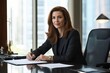 © PooHPiN365 - A woman in a black suit is sitting at a desk and writing on a piece of paper. Generative AI