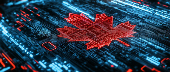 a glowing red maple leaf, symbolizing canada, is integrated into a futuristic blue and red circuit b