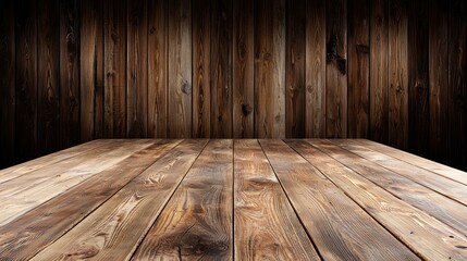 Wall Mural - Rustic wooden table against dark wood wall background