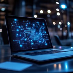 Laptop displaying circuit board, night office, technology, website