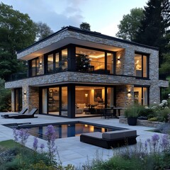 A large house with a pool and a garden